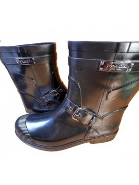 Coach Lester Black Rubber Mid-Calf Rain Boots with Buckle Detail Size 8 B